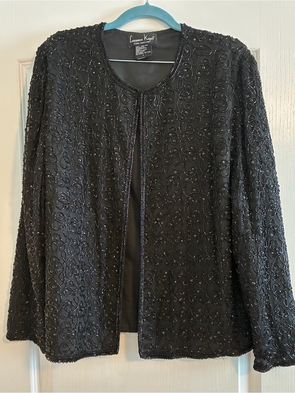 VTG Laurence Kazar Black Beaded Sequin Silk Open Front Lined Jacket Women’s L